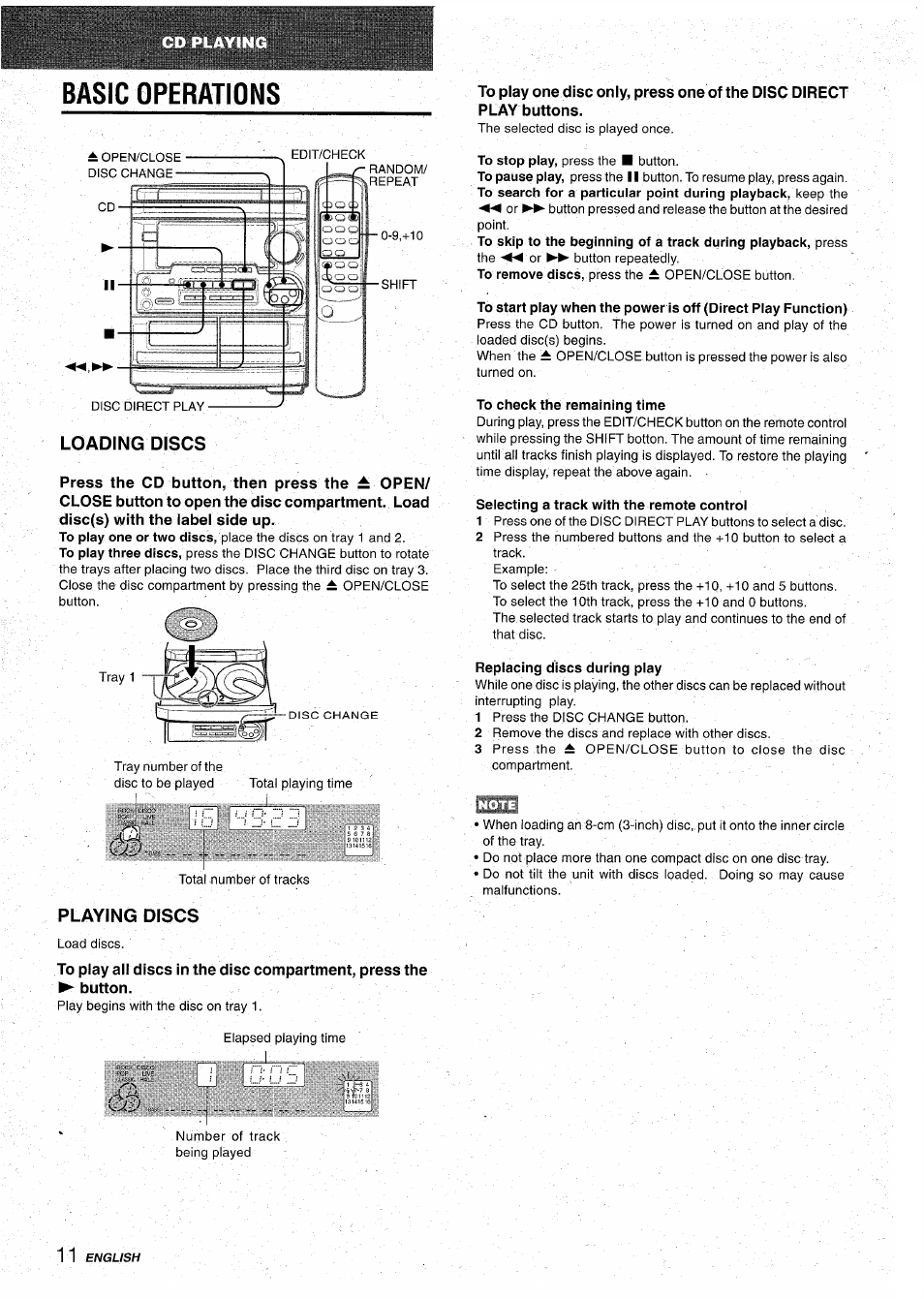 Basic operations, Loading discs, Playing discs | To check the remaining time, Selecting a track with the remote control, Replacing discs during play | Aiwa CX-NA31 User Manual | Page 12 / 76