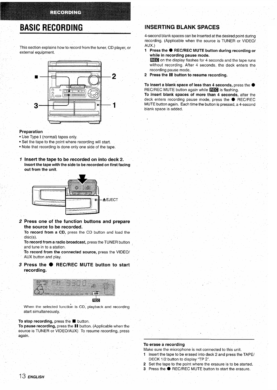 Basic recording, Inserting blank spaces, Rec/rec mute button to start | Aiwa CX-NA31 User Manual | Page 14 / 76