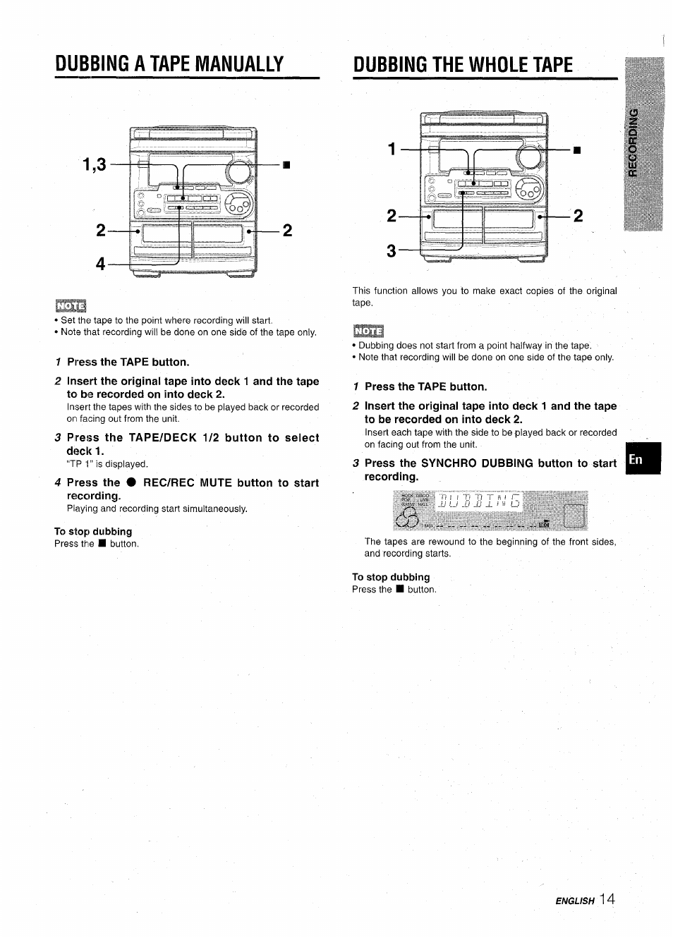 Dubbing a tape manually, Dubbing the whole tape, To stop dubbing | 3—ez, Dubbing a tape manually dubbing the whole tape | Aiwa CX-NA31 User Manual | Page 15 / 76