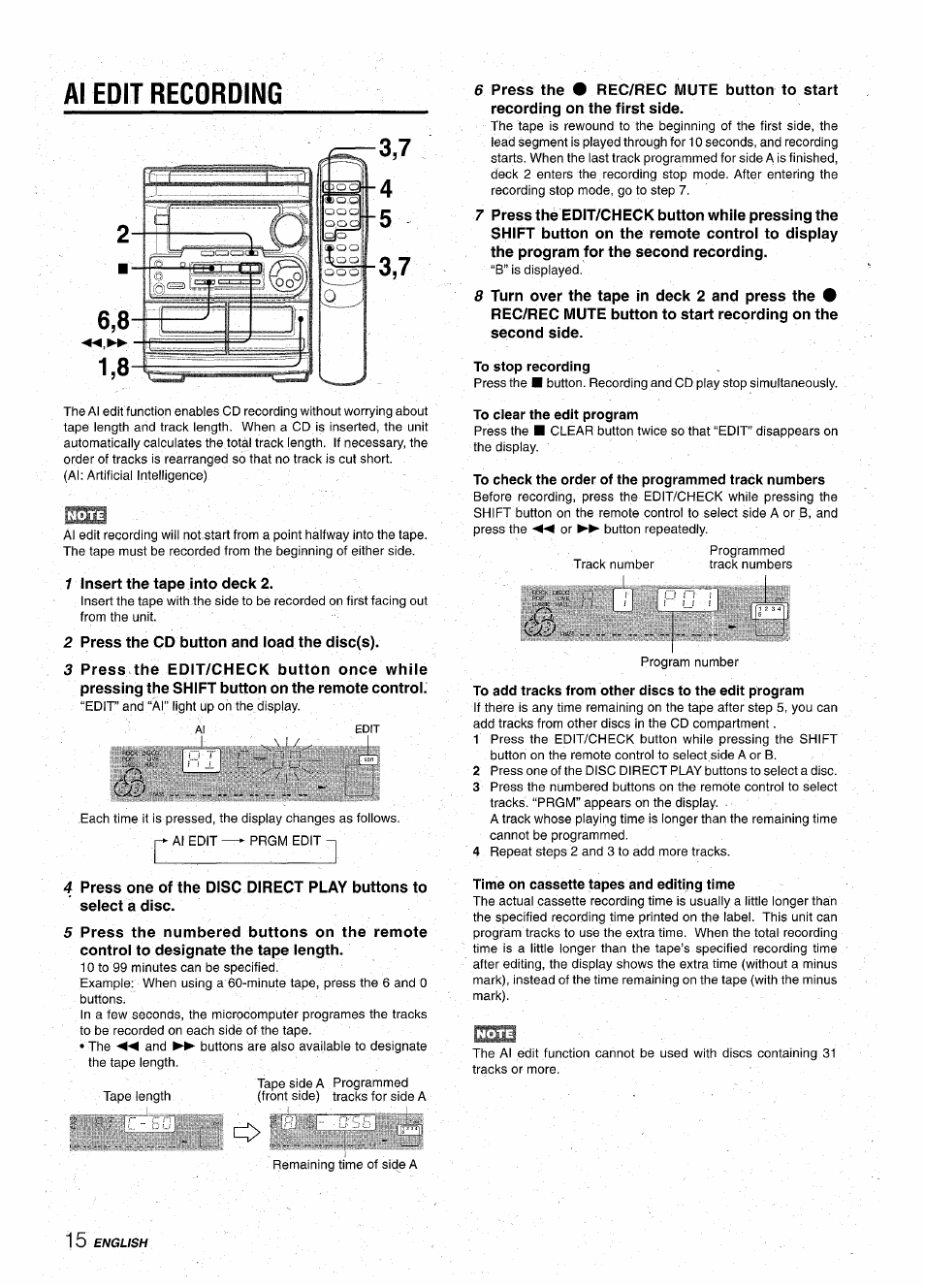 Al edit recording, To stop recording, To clear the edit program | To check the order of the programmed track numbers, To add tracks from other discs to the edit program, Time on cassette tapes and editing time | Aiwa CX-NA31 User Manual | Page 16 / 76