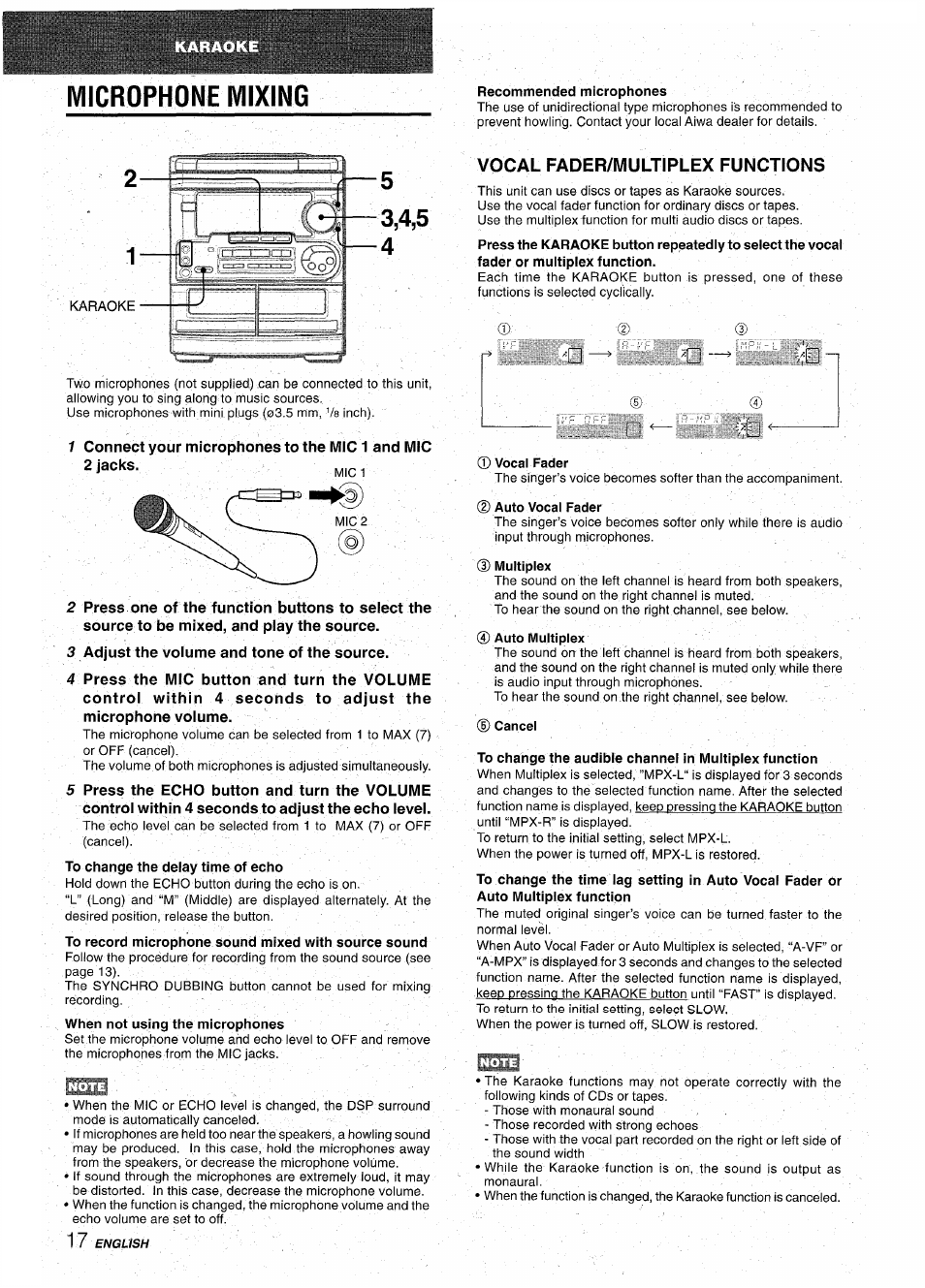 Microphone mixing, Recommended microphones, To change the delay time of echo | To record microphone sound mixed with source sound, When not using the microphones, Vocal fader/multiplex functions, Vocal fader, Auto vocal fader, Multiplex, Auto multiplex | Aiwa CX-NA31 User Manual | Page 18 / 76