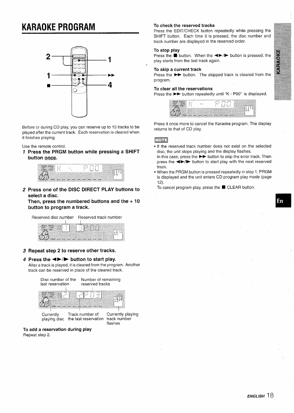To check the reserved tracks, To stop play, To skip a current track | To clear all the reservations, 3 repeat step 2 to reserve other tracks, 4 press the ◄►/► button to start play, To add a reservation during play, Karaoke program, O< cc | Aiwa CX-NA31 User Manual | Page 19 / 76