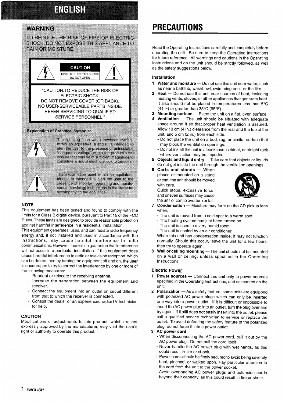 Warning, Expinnntion of gtriphic..il symbols, Note | Caution, Precautions, Electric power | Aiwa CX-NA31 User Manual | Page 2 / 76