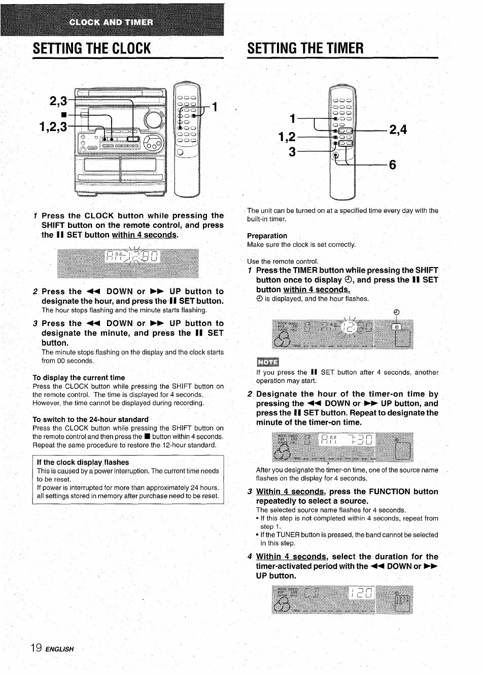 Sehing the clock, Setting the timer, Setting the clock setting the timer | Sehing the clock setting the timer, 0■ ^ \ / i | Aiwa CX-NA31 User Manual | Page 20 / 76