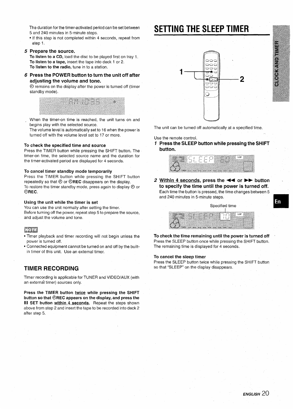 5 prepare the source, To check the specified time and source, To cancel timer standby mode temporarily | Using the unit whiie the timer is set, Sening the sleep timer, Timer recording, To cancel the sleep timer, Setting the sleep timer | Aiwa CX-NA31 User Manual | Page 21 / 76