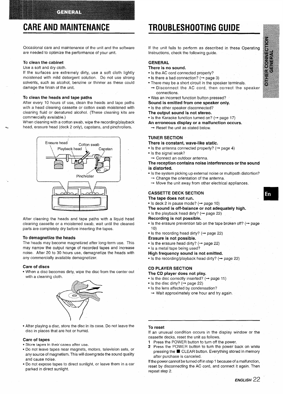 Care and maintenance, Troubleshooting guide, To clean the cabinet | To clean the heads and tape paths, General there is no sound, To demagnetize the heads, Care of discs, Care of tapes, Tuner section, Cassette deck section the tape does not run | Aiwa CX-NA31 User Manual | Page 23 / 76