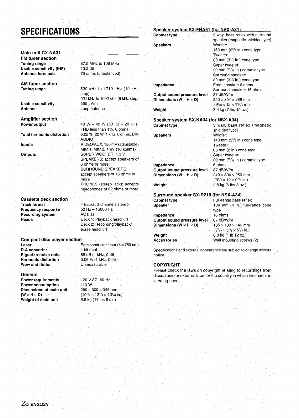 Specifications, Main unit cx-na31, General | N o w | Aiwa CX-NA31 User Manual | Page 24 / 76