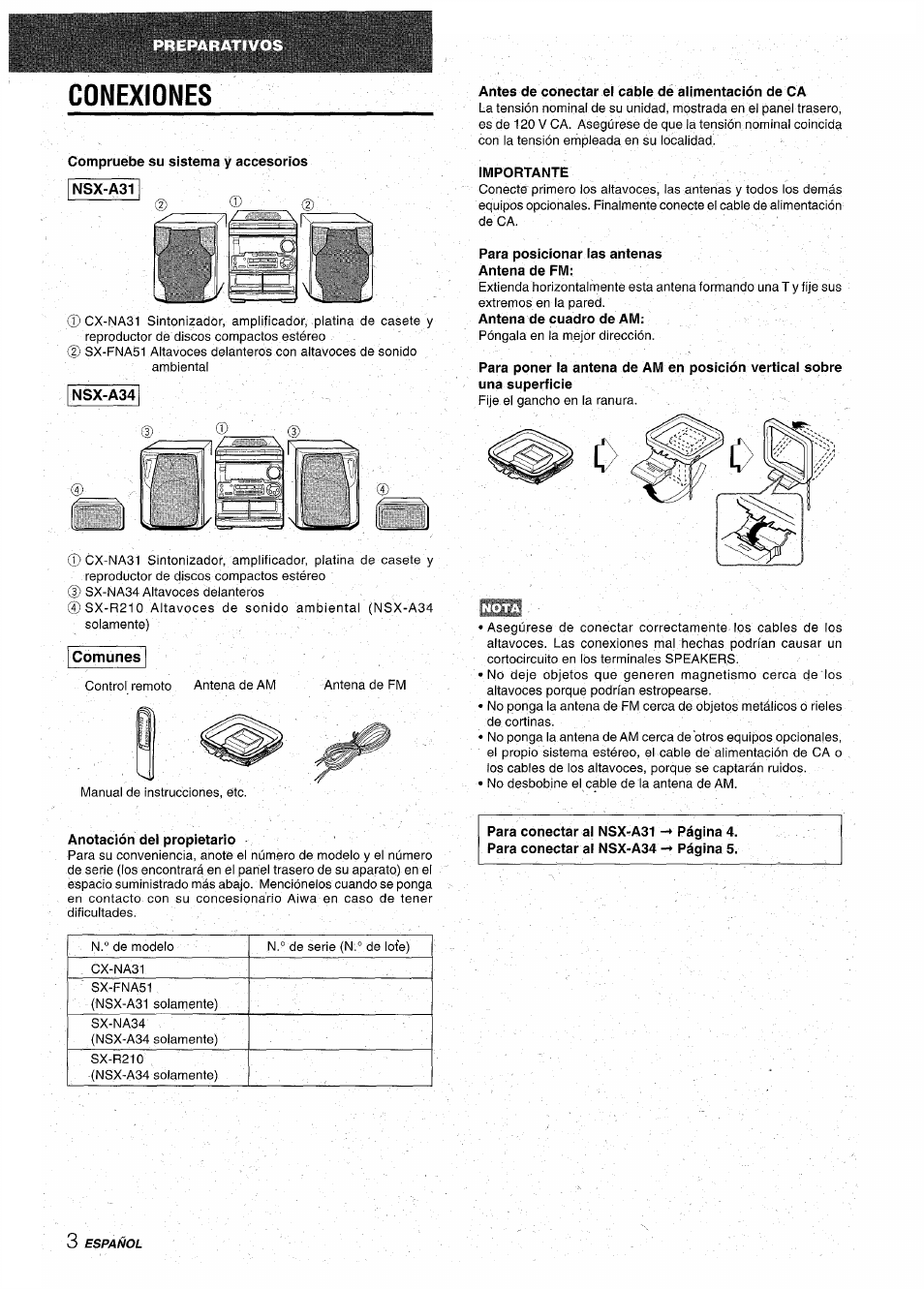Conexiones, Compruebe su sistema y accesorios, Comunes | Antes de conectar ei cabie de aiimentación de ca, Importante, Para posicionar las antenas antena de fm, Anotación del propietario | Aiwa CX-NA31 User Manual | Page 28 / 76
