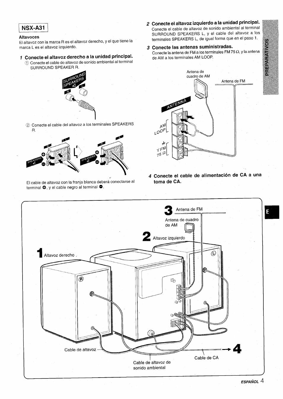 Altavoces, 1 conecte el altavoz derecho a la unidad principal, 3 conecte las antenas suministradas | Aiwa CX-NA31 User Manual | Page 29 / 76