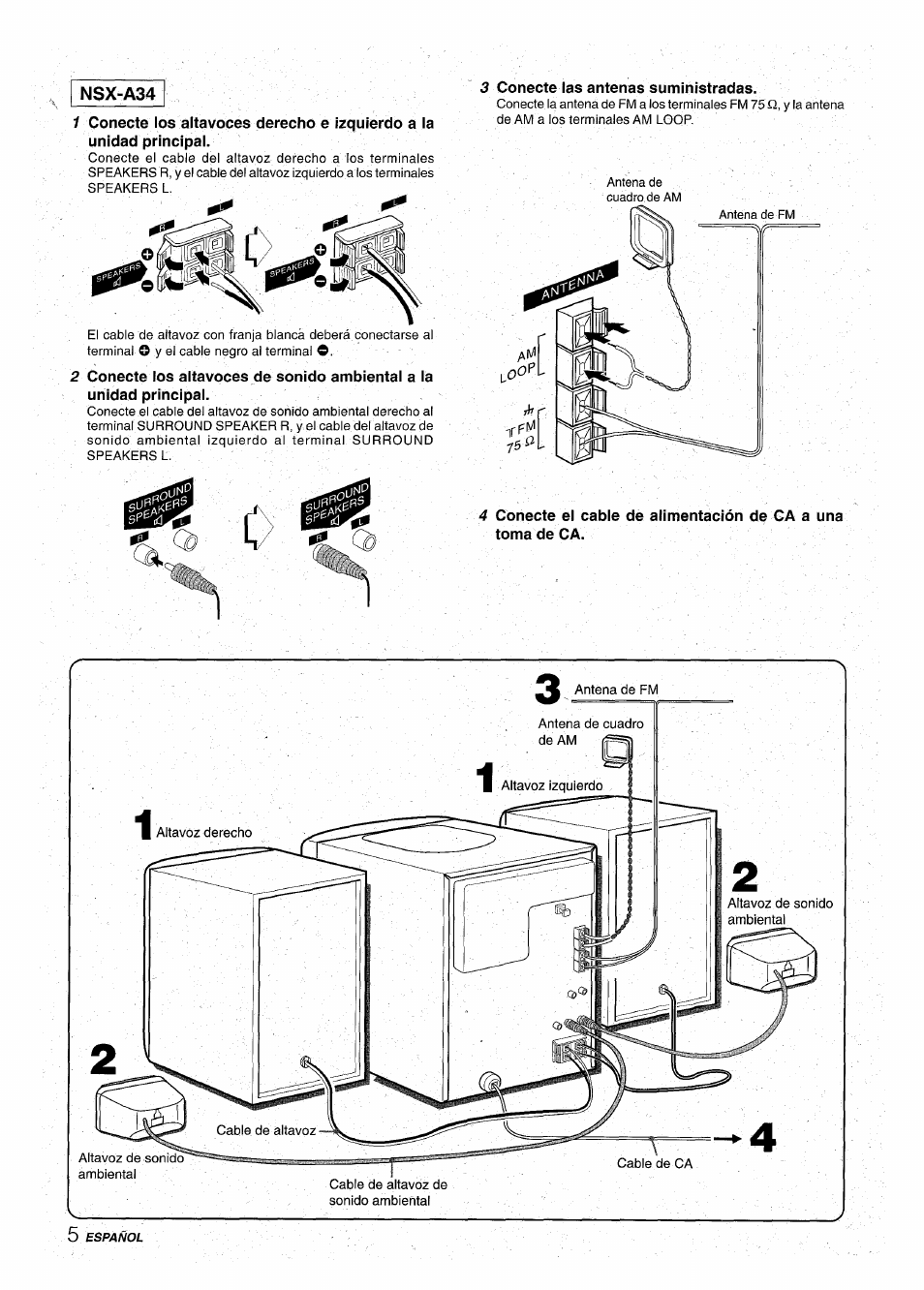 3 conecte las antenas suministradas, Nsx-a34 | Aiwa CX-NA31 User Manual | Page 30 / 76