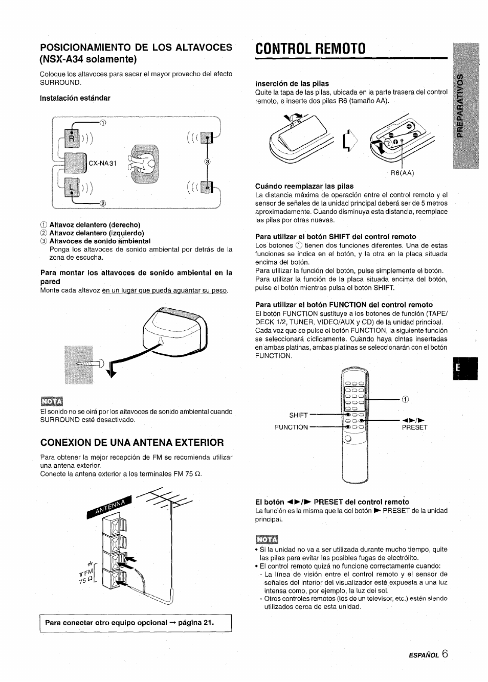 Instalación estándar, Altavoz delantero (derecho), Conexion de una antena exterior | Control reivioto, Inserción de las pilas, Cuándo reemplazar las pilas, Para utilizar el botón shift del control remoto, Para utilizar ei botón function del control remoto, El botón ◄►/► preset del control remoto | Aiwa CX-NA31 User Manual | Page 31 / 76