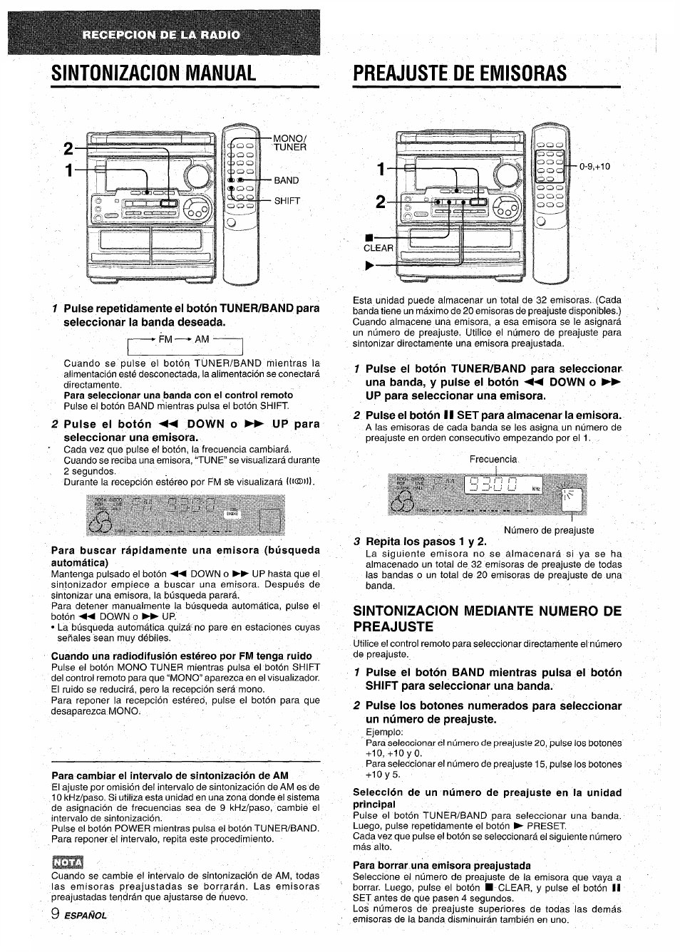 Sintonizacion manual, Preajuste de emisoras, Para cambiar ei intervalo de sintonización de am | Sintonizacion mediante numero de preajuste, Sintonizacion manual preajuste de emisoras | Aiwa CX-NA31 User Manual | Page 34 / 76