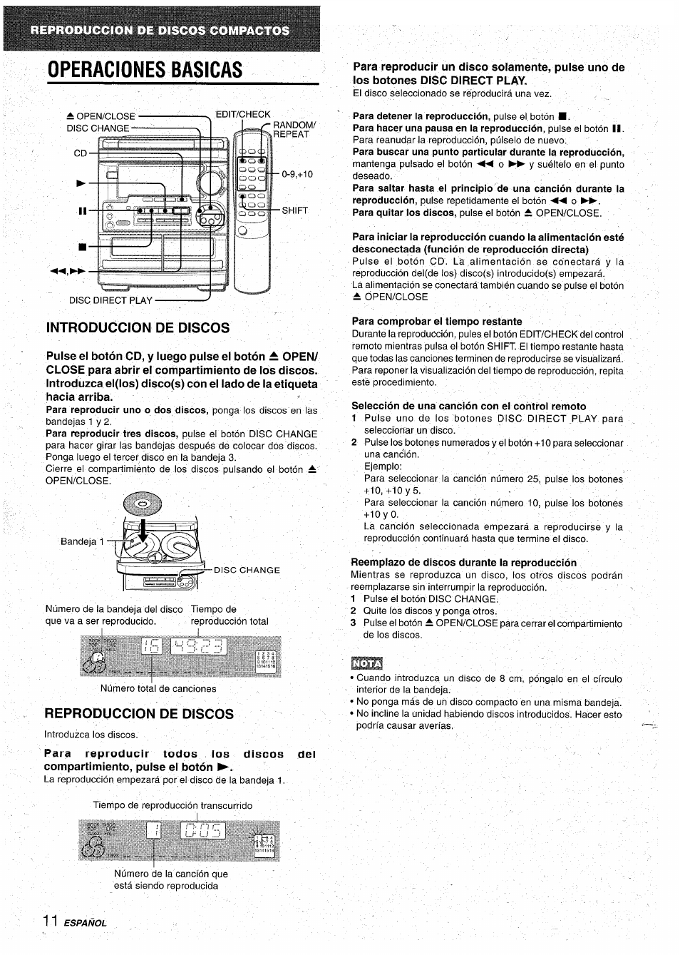 Operaciones basicas, Introduccion de discos, Reproduccion de discos | Aiwa CX-NA31 User Manual | Page 36 / 76