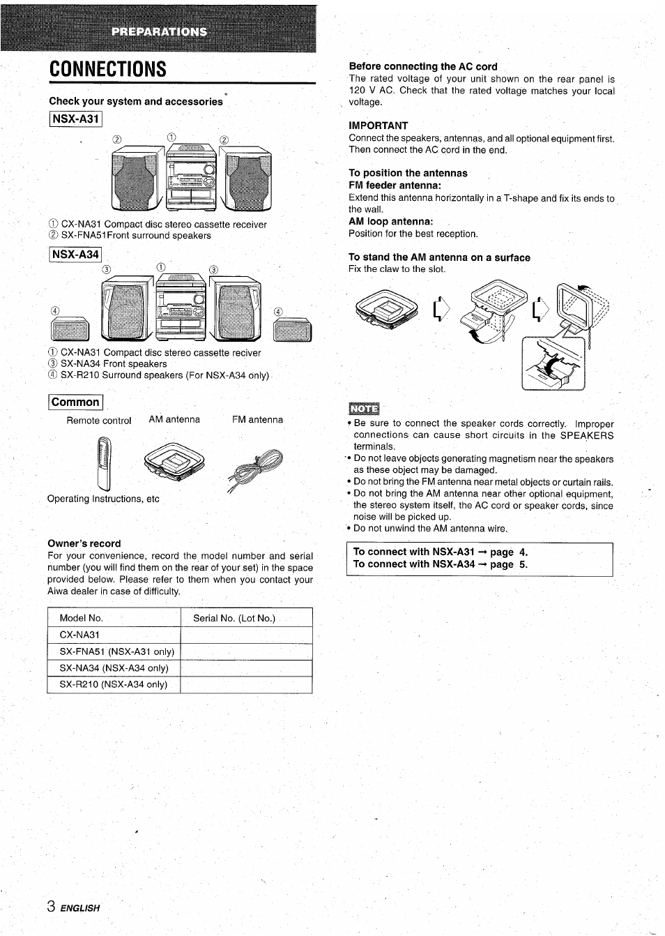 Connections, Check your system and accessories, Nsx-a31 | Common, Owner’s record, Before connecting the ac cord, Important, To position the antennas fm feeder antenna, To stand the am antenna on a surface | Aiwa CX-NA31 User Manual | Page 4 / 76