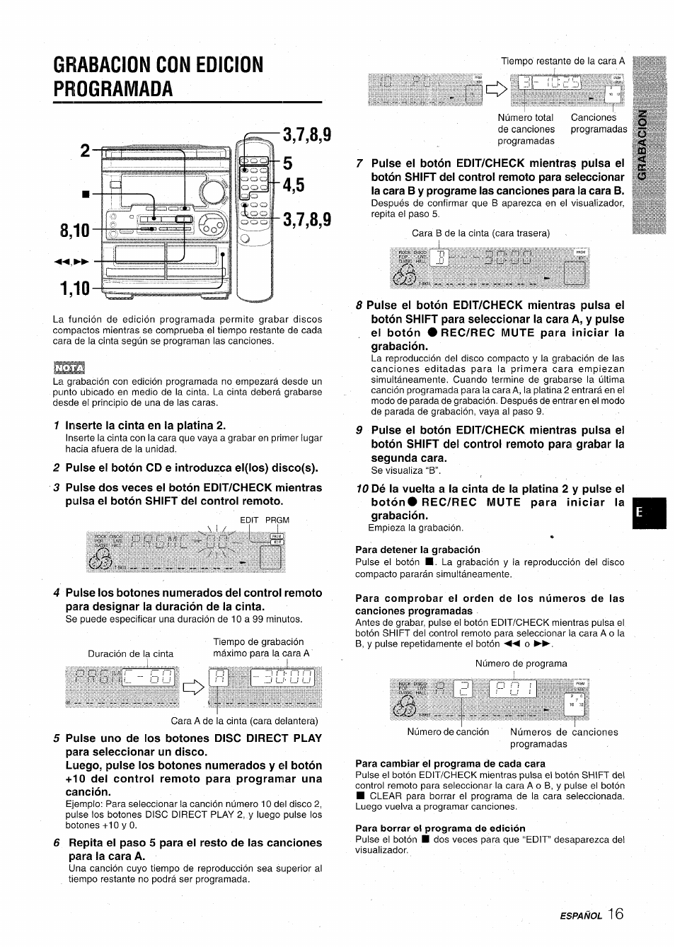 Grabacion con edicion programada, Para detener la grabación, Para cambiar el programa de cada cara | Para borrar el programa de edición, Нis) | Aiwa CX-NA31 User Manual | Page 41 / 76