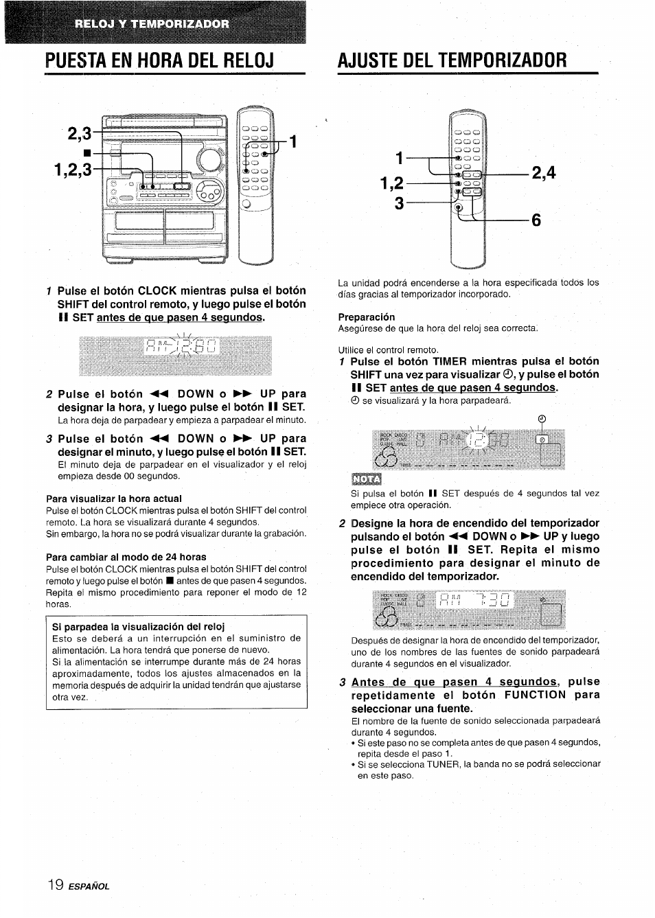 Puesta en hora del reloj, Ajuste del temporizador, Preparación | Para visualizar la hora actual, Para cambiar al modo de 24 horas, Puesta en hora del reloj ajuste del temporizador | Aiwa CX-NA31 User Manual | Page 44 / 76