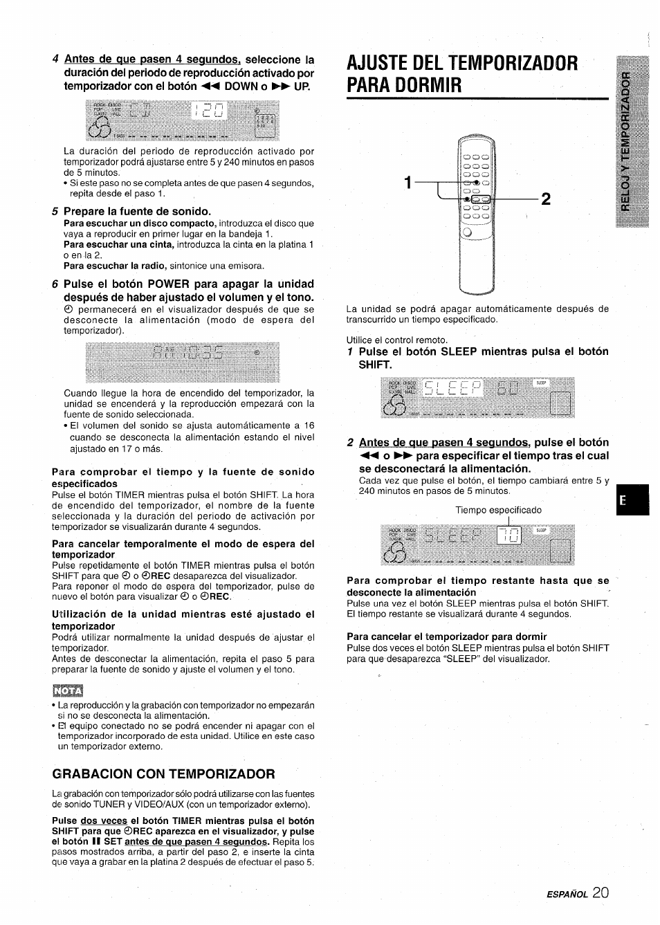 Ajuste del temporizador para dormir, Para cancelar ei temporizador para dormir, Grabacion con temporizador | O} ooo ' ooo | Aiwa CX-NA31 User Manual | Page 45 / 76