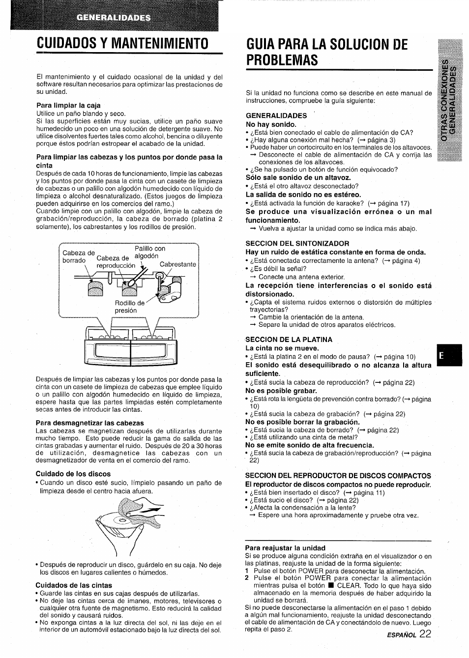 Cuidados y mantenimiento, Para limpiar la caja, Para desmagnetizar las cabezas | Cuidado de los discos, Cuidados de las cintas, Guia para la solucidn de problemas, Generalidades no hay sonido, Seccion de la platina la cinta no se mueve, Para reajustar la unidad, Uj q | Aiwa CX-NA31 User Manual | Page 47 / 76