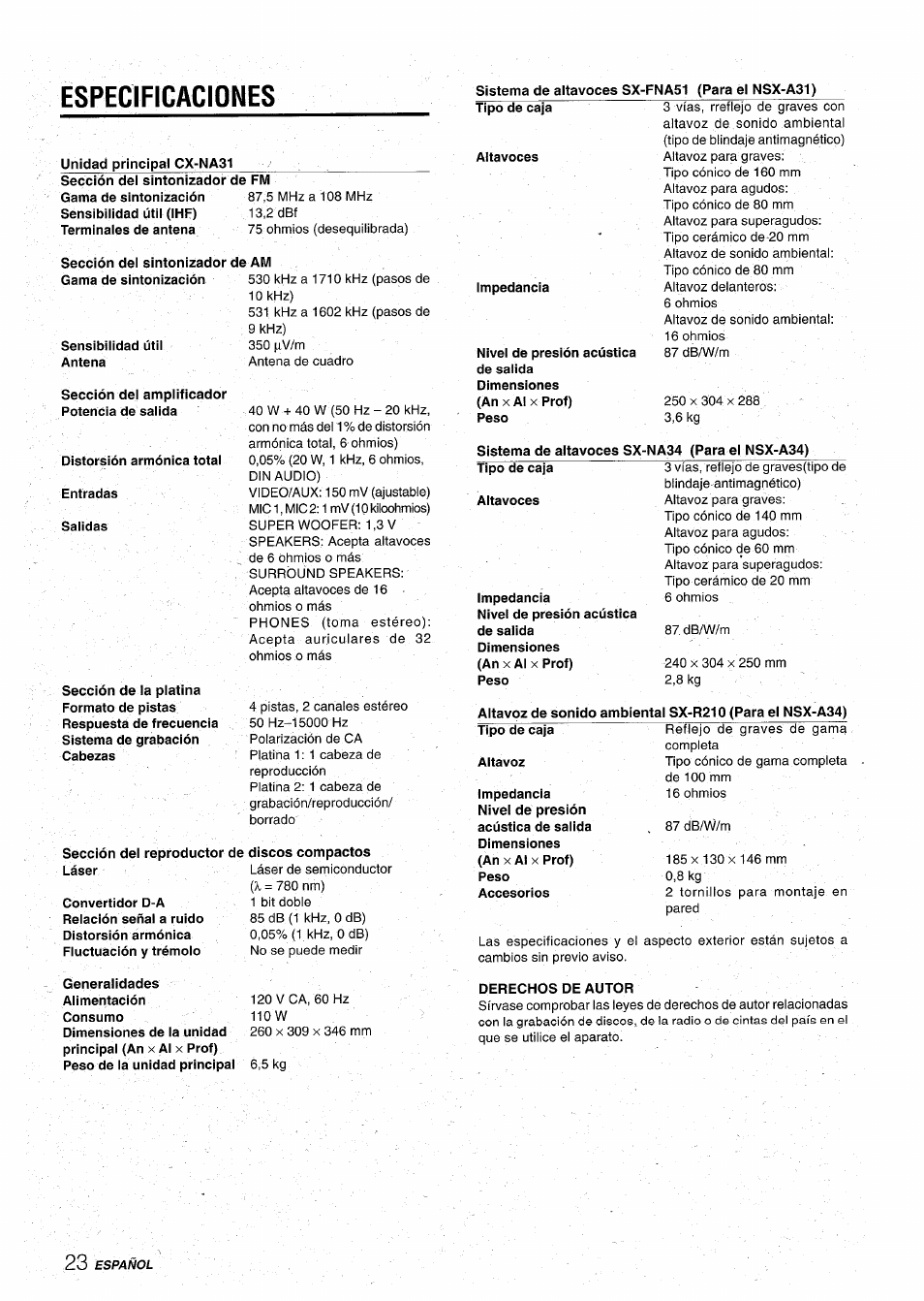 Especificaciones, Unidad principal cx-na31, Sección del sintonizador de fm | Sección dei sintonizador de am, Sección del reproductor de discos compactos, Generalidades | Aiwa CX-NA31 User Manual | Page 48 / 76