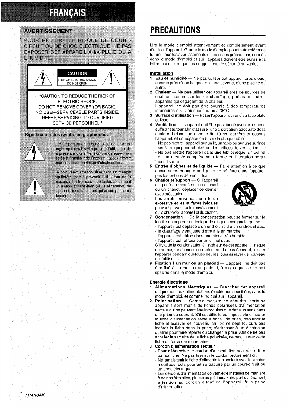Avertissement, Precautions, Installation | Energie électrique, 3 cordon d’alimentation secteur | Aiwa CX-NA31 User Manual | Page 50 / 76