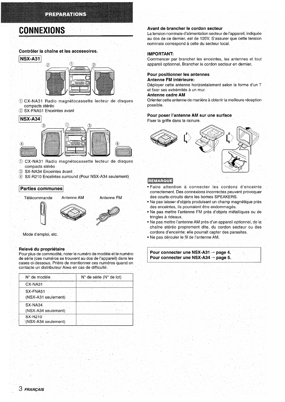 Connexions, Contrôler la chaîne et les accessoires, Avant de brancher le cordon secteur | Important, Pour poser l’antenne am sur une surface, Parties communes, Relevé du propriétaire | Aiwa CX-NA31 User Manual | Page 52 / 76