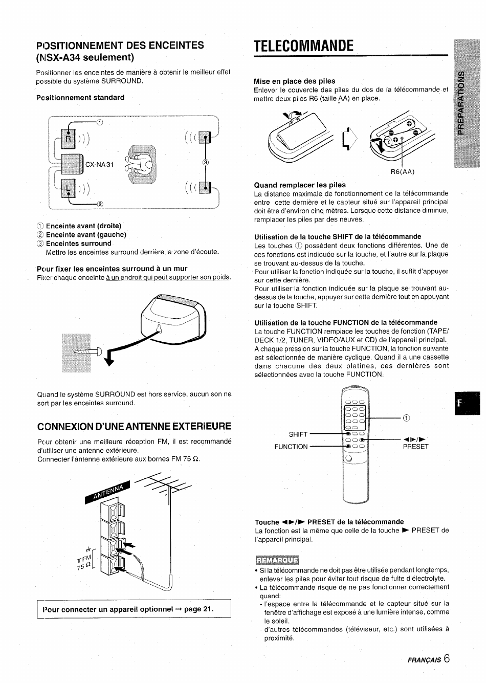 Positionnement des enceintes (msx-a34 seulement), Pcsitionnement standard, Telecommande | Enceinte avant (droite), Pour fixer les enceintes surround à un mur, Mise en place des piles, Quand remplacer les piles, Utilisation de la touche shift de la télécommande, Connexion d’une antenne exterieure, Touche preset de la télécommande | Aiwa CX-NA31 User Manual | Page 55 / 76