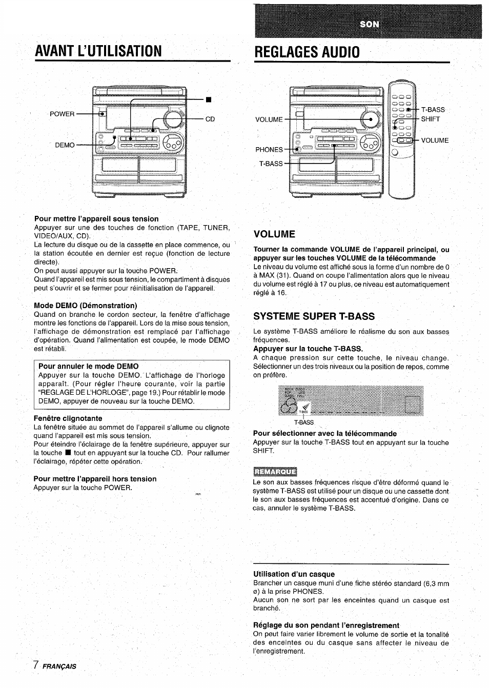 Avant l’utilisation, Reglages audio, Volume | Systeme super t-bass, Remarque | Aiwa CX-NA31 User Manual | Page 56 / 76