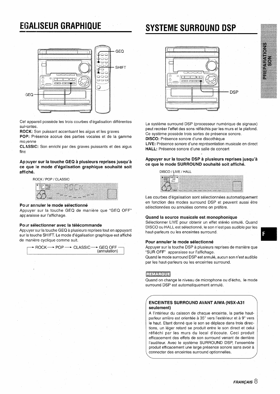 Egaliseur graphique, Systeme surround dsp, Tr o < co q | Pour annuler le mode sélectionné, Pour sélectionner avec la télécommande, Quand la source musicale est monophonique, Enceintes surround avant aiwa (nsx-a31 seulement), Egaliseur graphique systeme surround dsp | Aiwa CX-NA31 User Manual | Page 57 / 76
