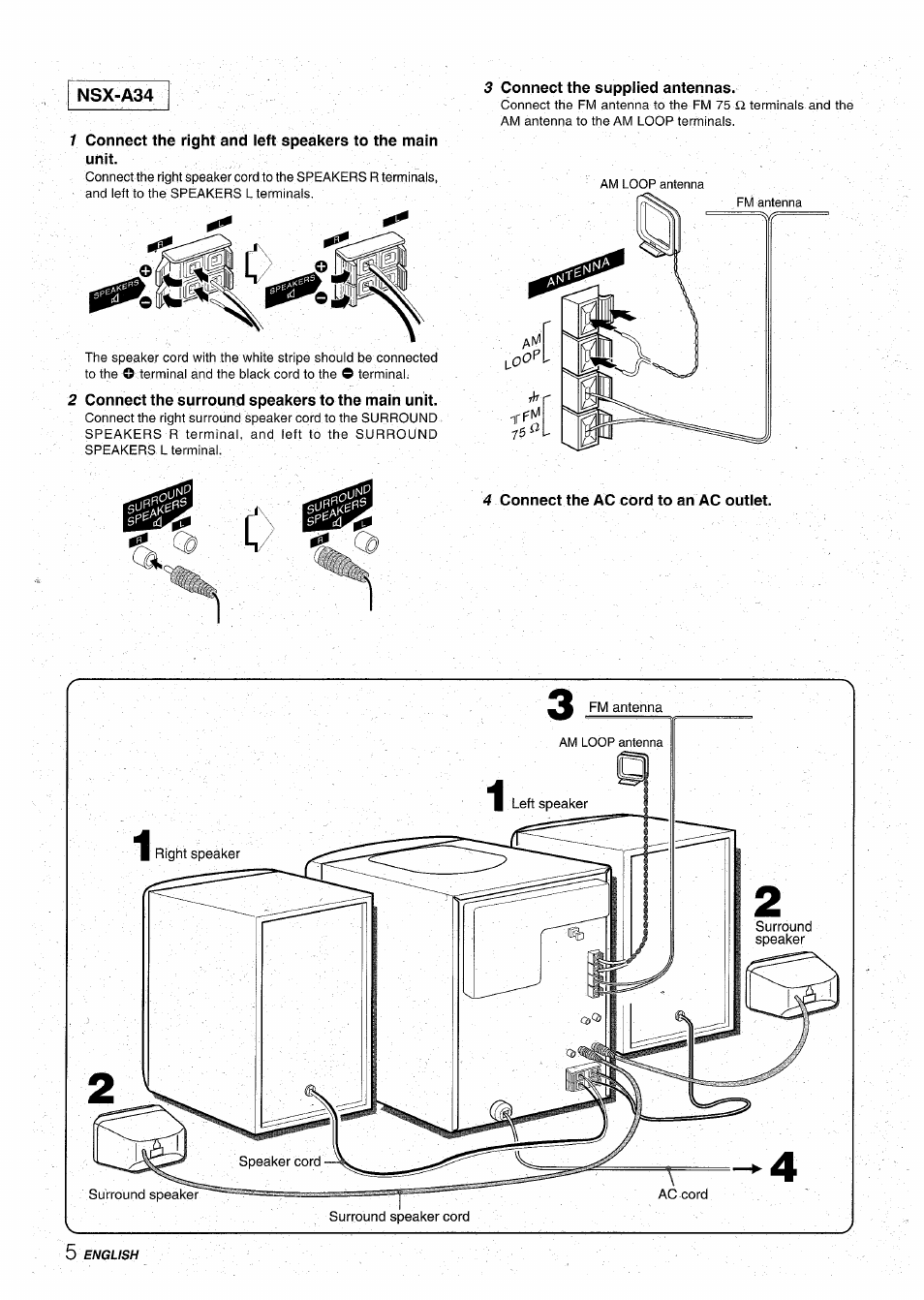 2 connect the surround speakers to the main unit, 3 connect the supplied antennas, 4 connect the ac cord to an ac outlet | Nsx-a34 | Aiwa CX-NA31 User Manual | Page 6 / 76