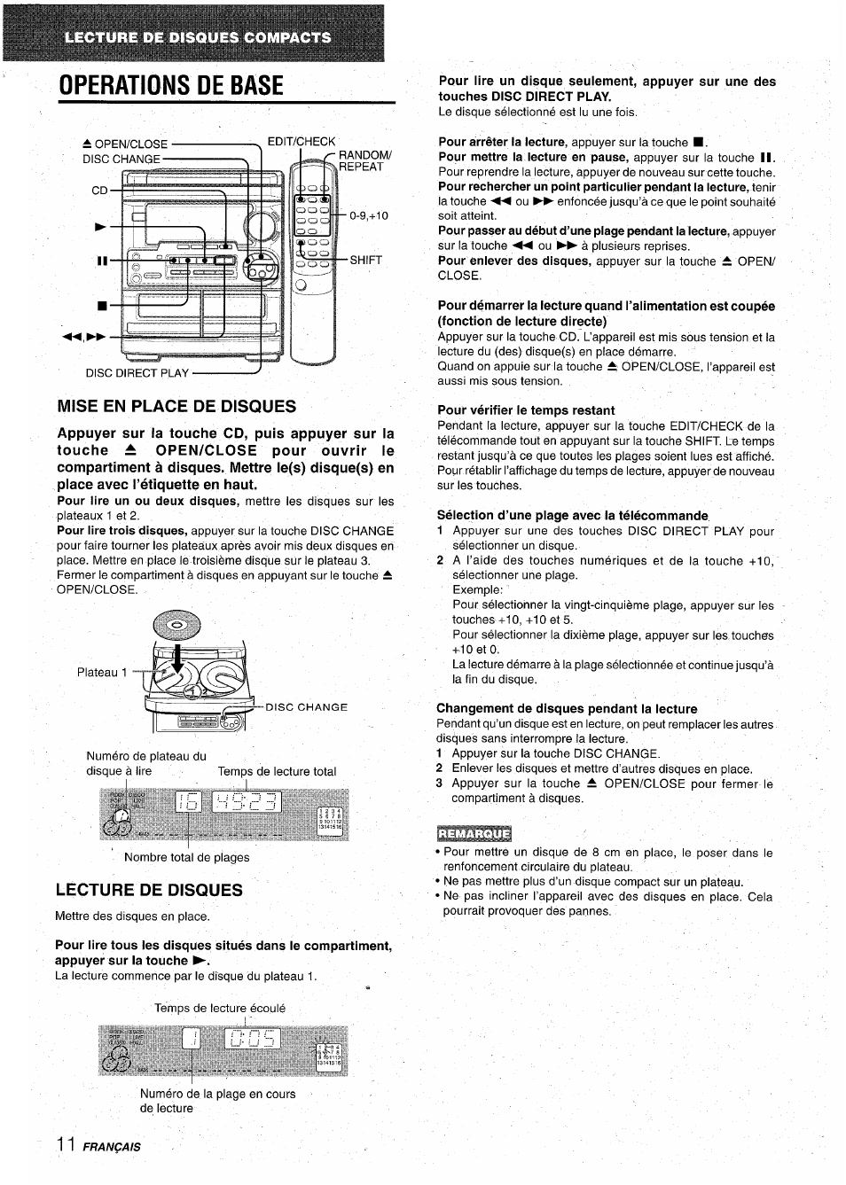 Operations de base, Mise en place de disques, Lecture de disques | Pour vérifier le temps restant, Sélection d’une plage avec la télécommande, Changement de disques pendant la lecture | Aiwa CX-NA31 User Manual | Page 60 / 76