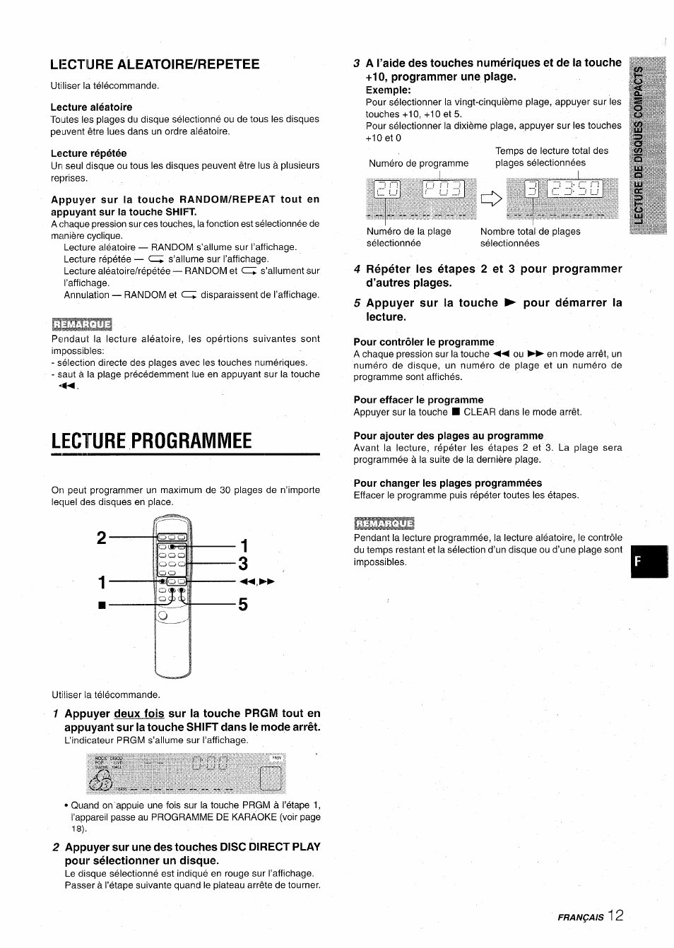 Lecture aleatoire/repetee, Lecture aléatoire, Lecture répétée | Pour contrôler le programme, Pour effacer le programme, Lecture programmee, Pour ajouter des plages au programme, Pour changer les plages programmées, Lecture programmes, Remarque | Aiwa CX-NA31 User Manual | Page 61 / 76