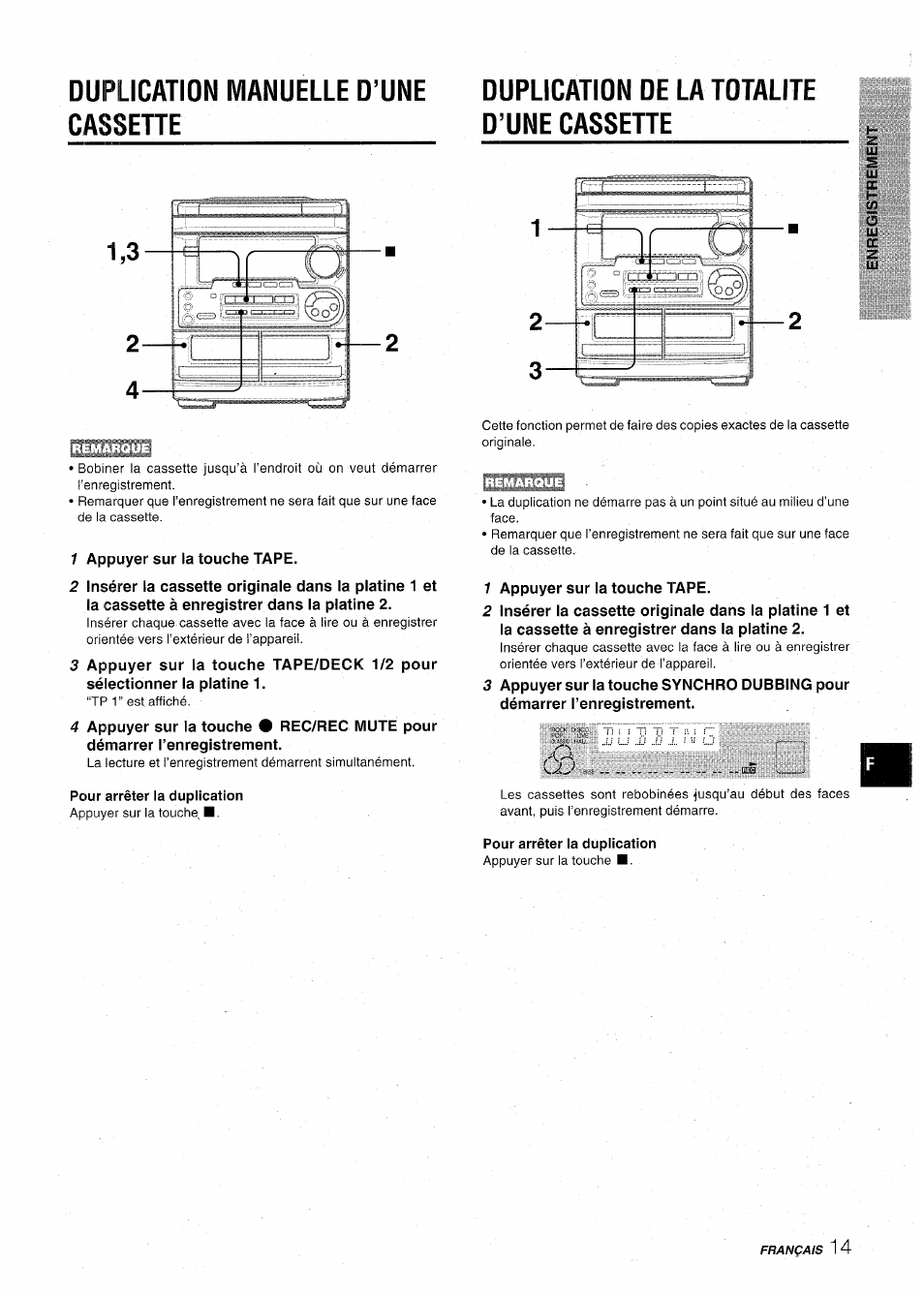 Duplication manuelle d'une cassette, Pour arrêter la duplication, Duplication de la totalite d’une cassehe | Duplication manuelle d’une cassette | Aiwa CX-NA31 User Manual | Page 63 / 76