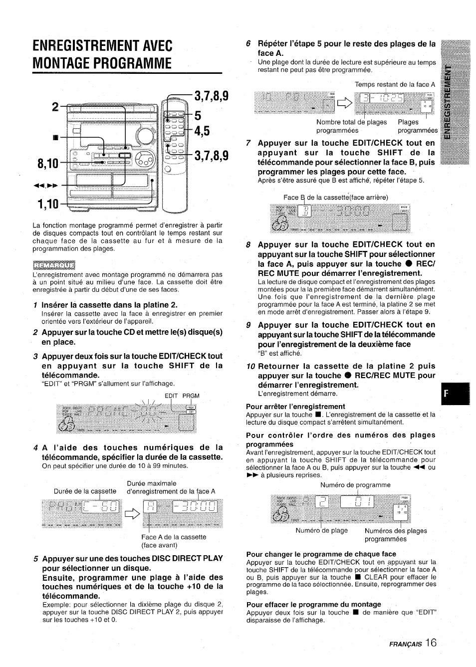 Enregistrement avec montage programme, Pour changer le programme de chaque face, Remarque | W ' ' , , 1 | Aiwa CX-NA31 User Manual | Page 65 / 76