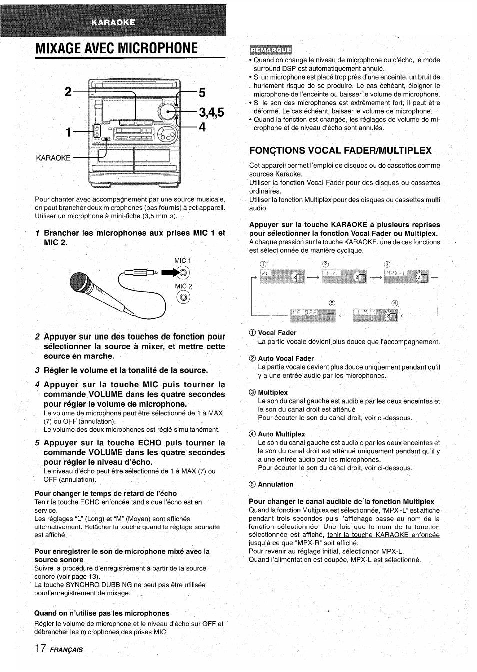 Mixage avec microphone, Fonctions vocal fader/multiplex, Multiplex | Auto multiplex, D annulation, Quand on n’utilise pas les microphones | Aiwa CX-NA31 User Manual | Page 66 / 76