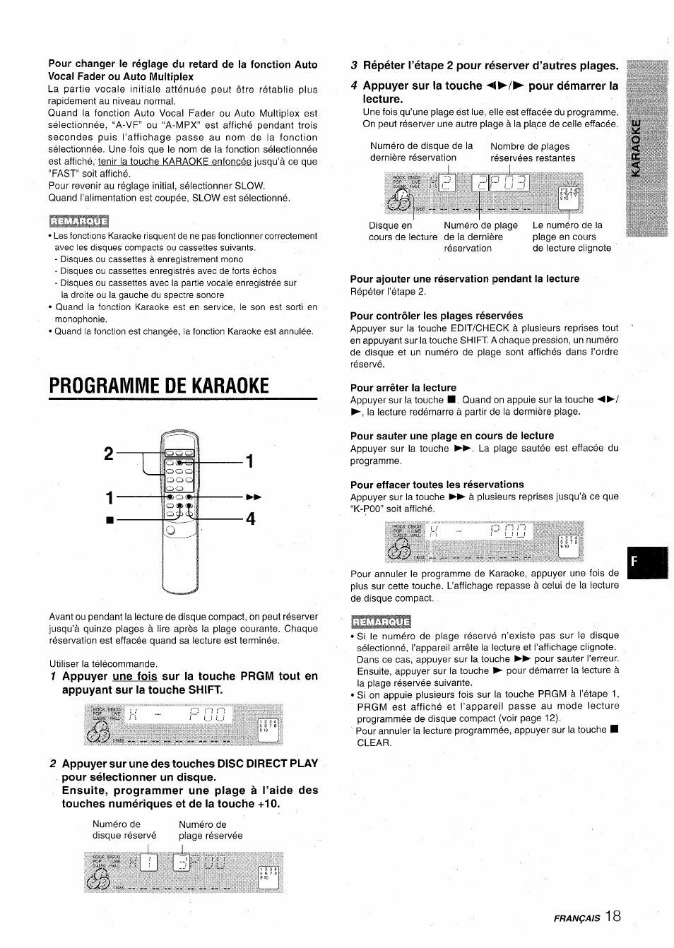 Prograiviivie de karaoke, 3 répéter l’étape 2 pour réserver d’autres plages, Pour ajouter une réservation pendant la lecture | Pour contrôler les plages réservées, Pour arrêter la lecture, Pour sauter une plage en cours de lecture, Pour effacer toutes les réservations, Remarque | Aiwa CX-NA31 User Manual | Page 67 / 76