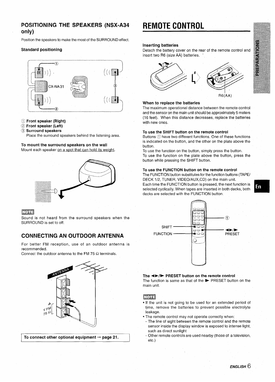 Positioning the speakers (nsx-a34 only), Remote control, Front speaker (right) | To mount the surround speakers on the wall, Connecting an outdoor antenna, Inserting batteries, When to replace the batteries, To use the shift button on the remote control, To use the function button on the remote control, The ◄►/► preset button on the remote control | Aiwa CX-NA31 User Manual | Page 7 / 76