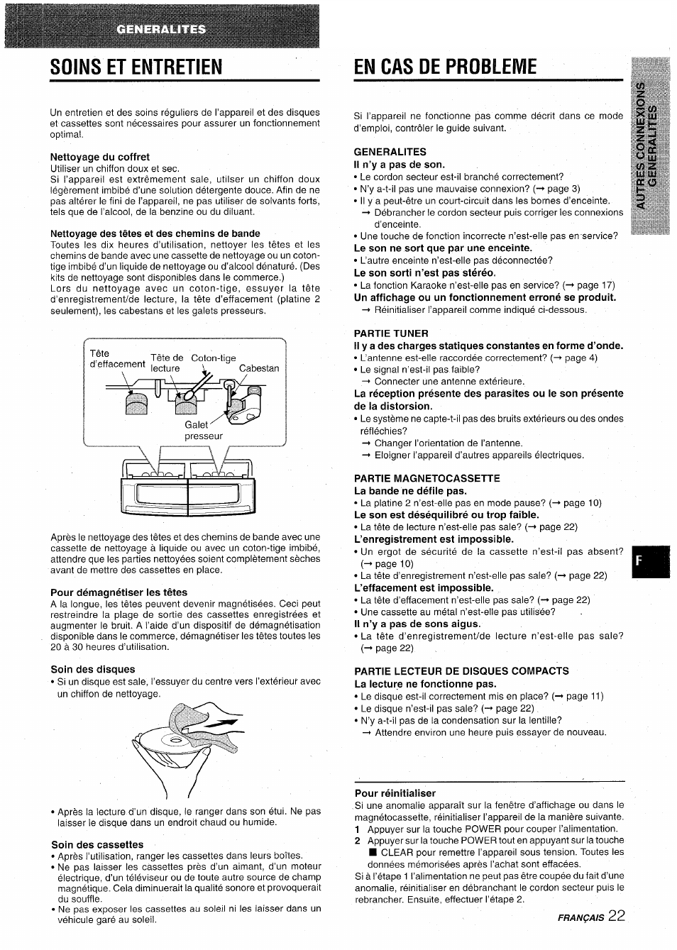 Nettoyage du coffret, Nettoyage des têtes et des chemins de bande, Pour démagnétiser ies têtes | Soin des disques, Soin des cassettes, Generalites li n’y a pas de son, Partie tuner, Partie magnetocassette la bande ne défiie pas, Pour réinitialiser, Soins et entretien | Aiwa CX-NA31 User Manual | Page 71 / 76