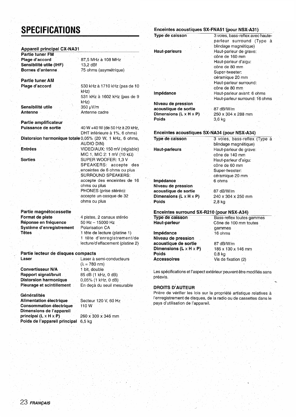 Specifications, Appareil principal cx-na31, Partie lecteur de disques compacts | Droits d’auteur | Aiwa CX-NA31 User Manual | Page 72 / 76