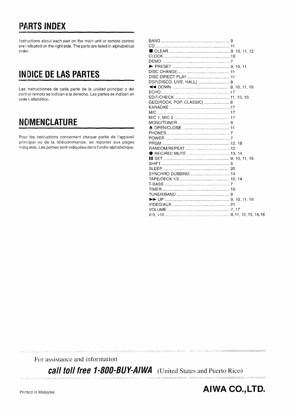 Parts index, Indice de las partes, Nomenclature | Call toll free 1-800-buy-aiwa, Aiwa co.,ltd, Assistance and information, United states and puerto rico) | Aiwa CX-NA31 User Manual | Page 76 / 76