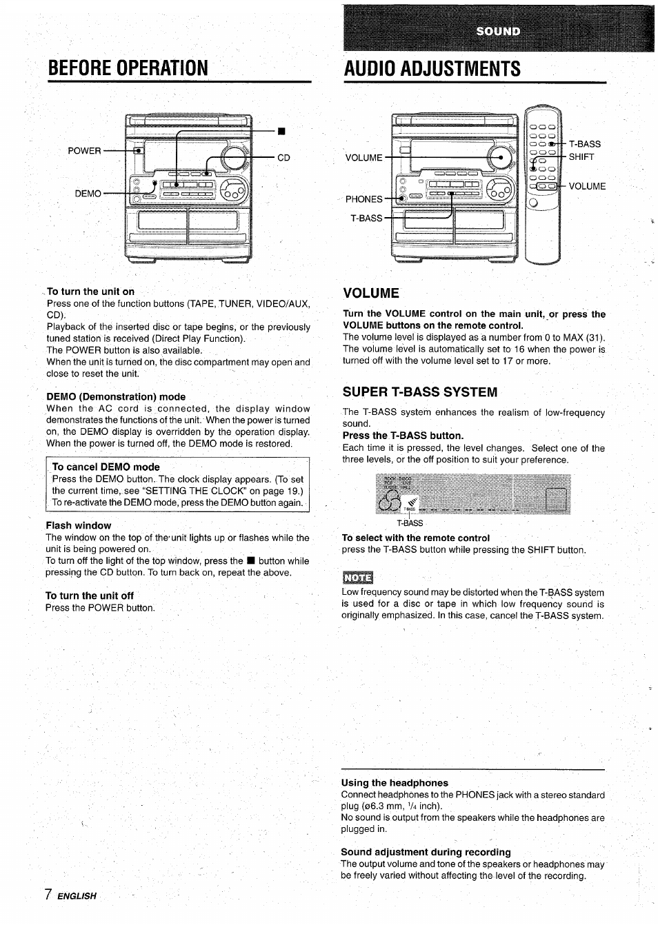 Before operation, Audio adjustments, To turn the unit on | Demo (demonstration) mode, Flash window, To turn the unit off, Volume, Super t-bass system, Using the headphones, Sound adjustment during recording | Aiwa CX-NA31 User Manual | Page 8 / 76