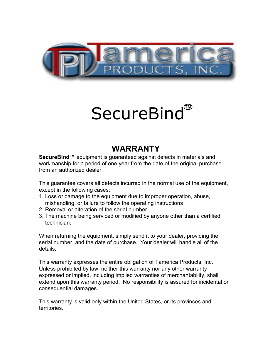 Securebind, Warranty | Tamerica Products V2000-Pro  User Manual | Page 8 / 8