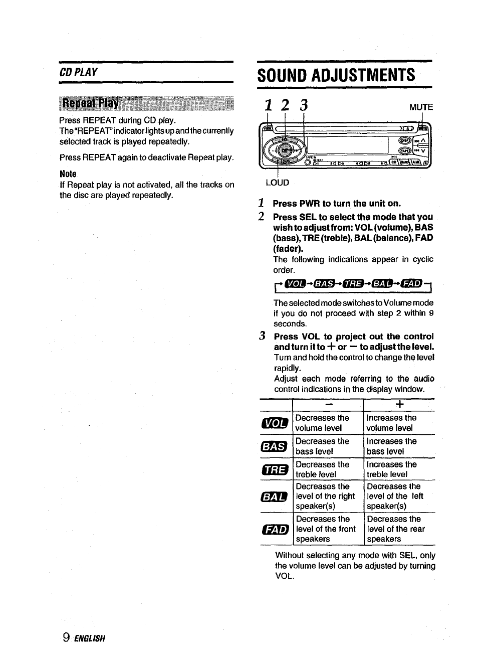 Sound adjustments, Ì33d, Li?t3 | Cd play, Repeat play | Aiwa CDC-X145 User Manual | Page 10 / 16