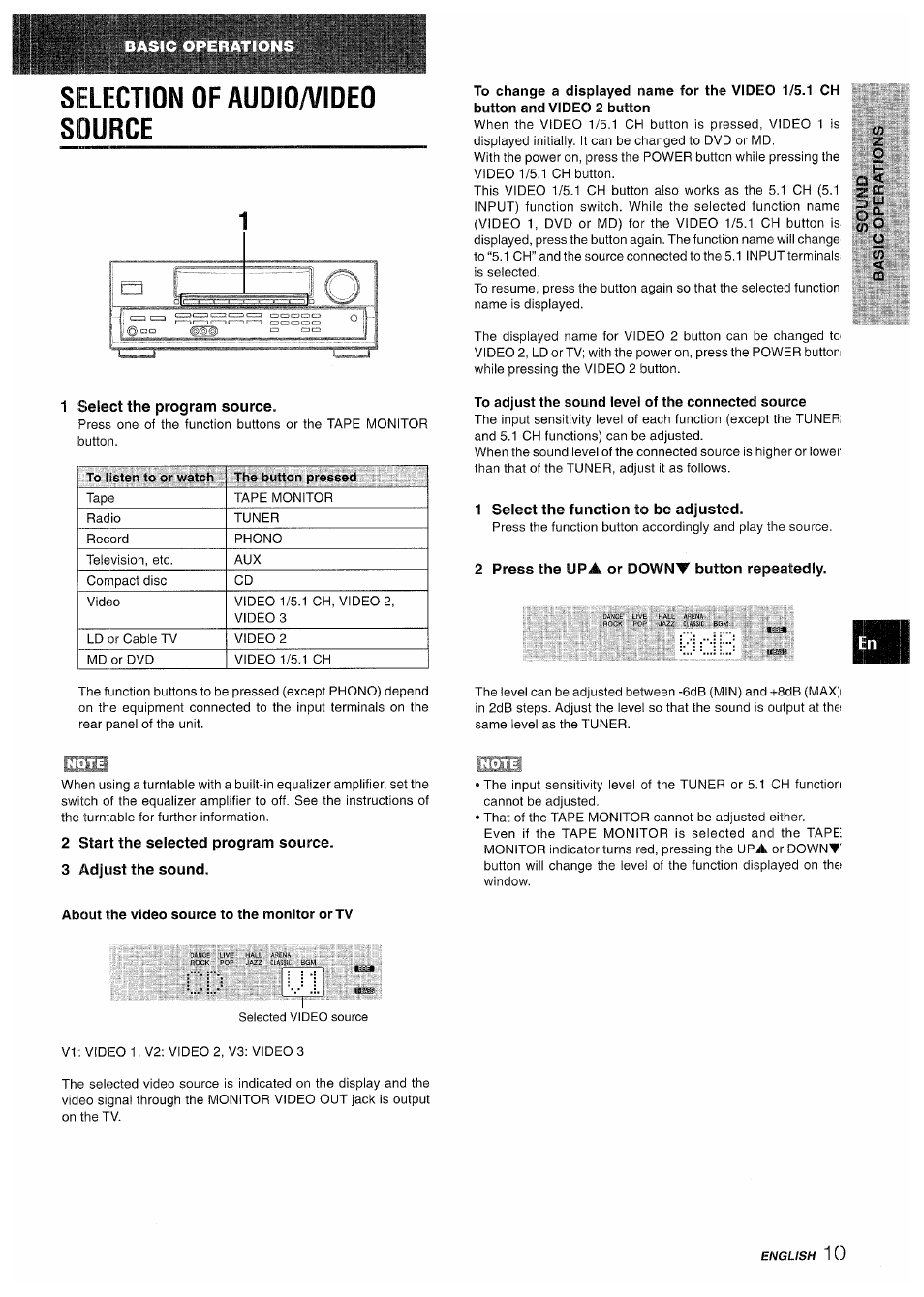 Selection of audio/video source, 1 select the program source, To adjust the sound level of the connected source | 1 select the function to be adjusted, 2 press the up a or downt button repeatedly, 2 start the selected program source, 3 adjust the sound, About the video source to the monitor or tv, Selection of audioafideo source | Aiwa AV-D50 User Manual | Page 11 / 68