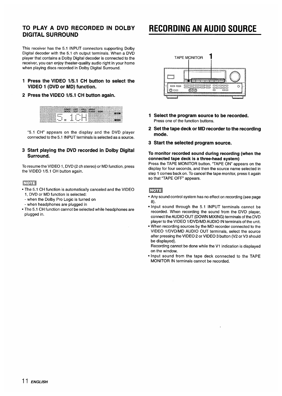 To play a dvd recorded in dolby digital surround, Recording an audio source, 2 press the video 1/5.1 ch button again | 1 select the program source to be recorded, 3 start the selected program source | Aiwa AV-D50 User Manual | Page 12 / 68