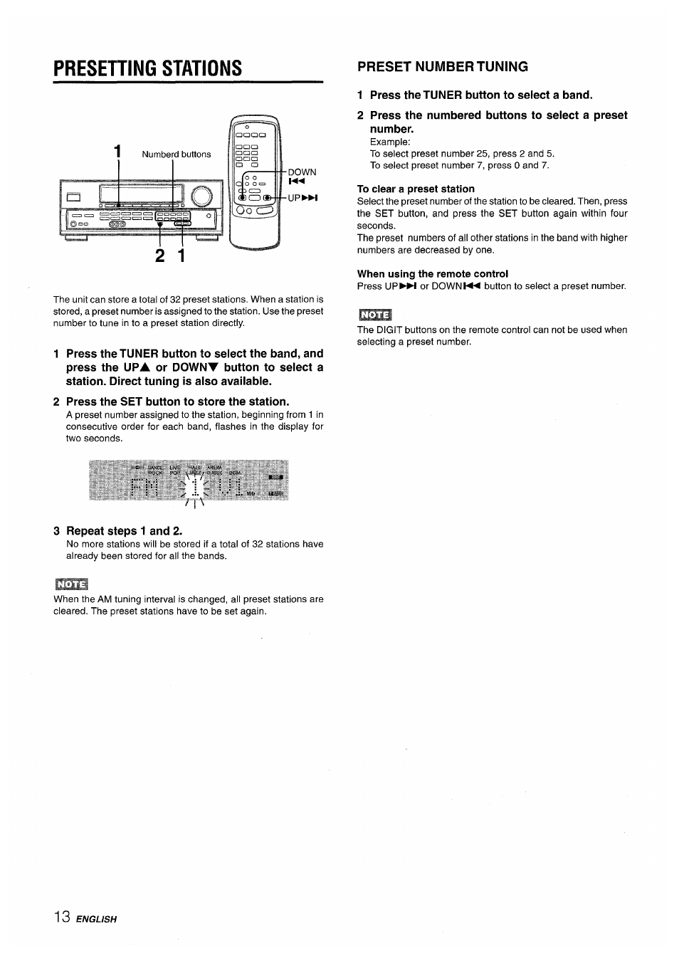 Presening stations, 2 press the set button to store the station, Preset number tuning | 1 press the tuner button to select a band, To clear a preset station, When using the remote controi, 3 repeat steps 1 and 2, Presetting stations | Aiwa AV-D50 User Manual | Page 14 / 68