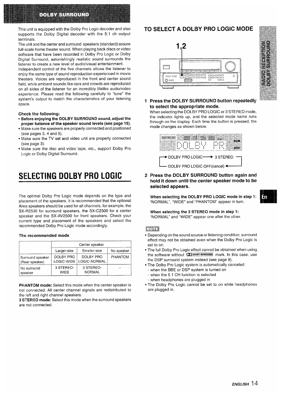 Check the following, Selecting dolby pro logic, The recommended mode | To select a dolby pro logic mode, When selecting the dolby pro logic mode in step 1, When selecting the 3 stereo mode in step 1 | Aiwa AV-D50 User Manual | Page 15 / 68