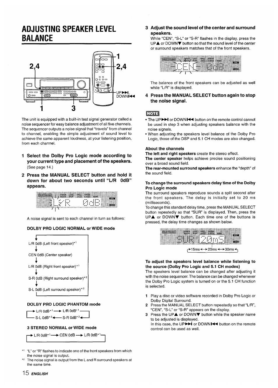 Adjusting speaker level balance, 3 stereo normal or wide mode, About the channels | Adjusting speaker level balance 1 2,4 | Aiwa AV-D50 User Manual | Page 16 / 68