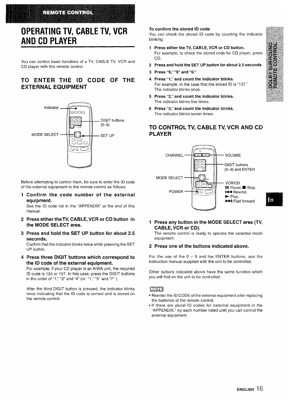 Operating tv, cable tv, vcr and cd player, To enter the id code of the external equipment, To confirm the stored id code | 1 press either the tv, cable, vcr or cd button, 3 press “9,” “9” and “0, 4 press “1,” and count the indicator blinks, 5 press “2,” and count the indicator blinks, 6 press “3,” and count the indicator blinks, To control tv, cable tv, vcr and cd player, Oo cz) | Aiwa AV-D50 User Manual | Page 17 / 68