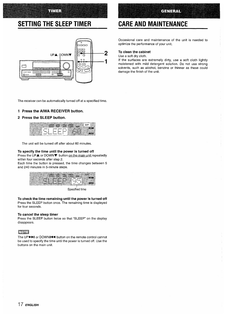 Sening the sleep timer, Care and maintenance, To clean the cabinet | 1 press the aiwa receiver button, 2 press the sleep button, To specify the time until the power is turned off, To cancel the sleep timer, Setting the sleep timer, Sening the sleep timer care and maintenance | Aiwa AV-D50 User Manual | Page 18 / 68