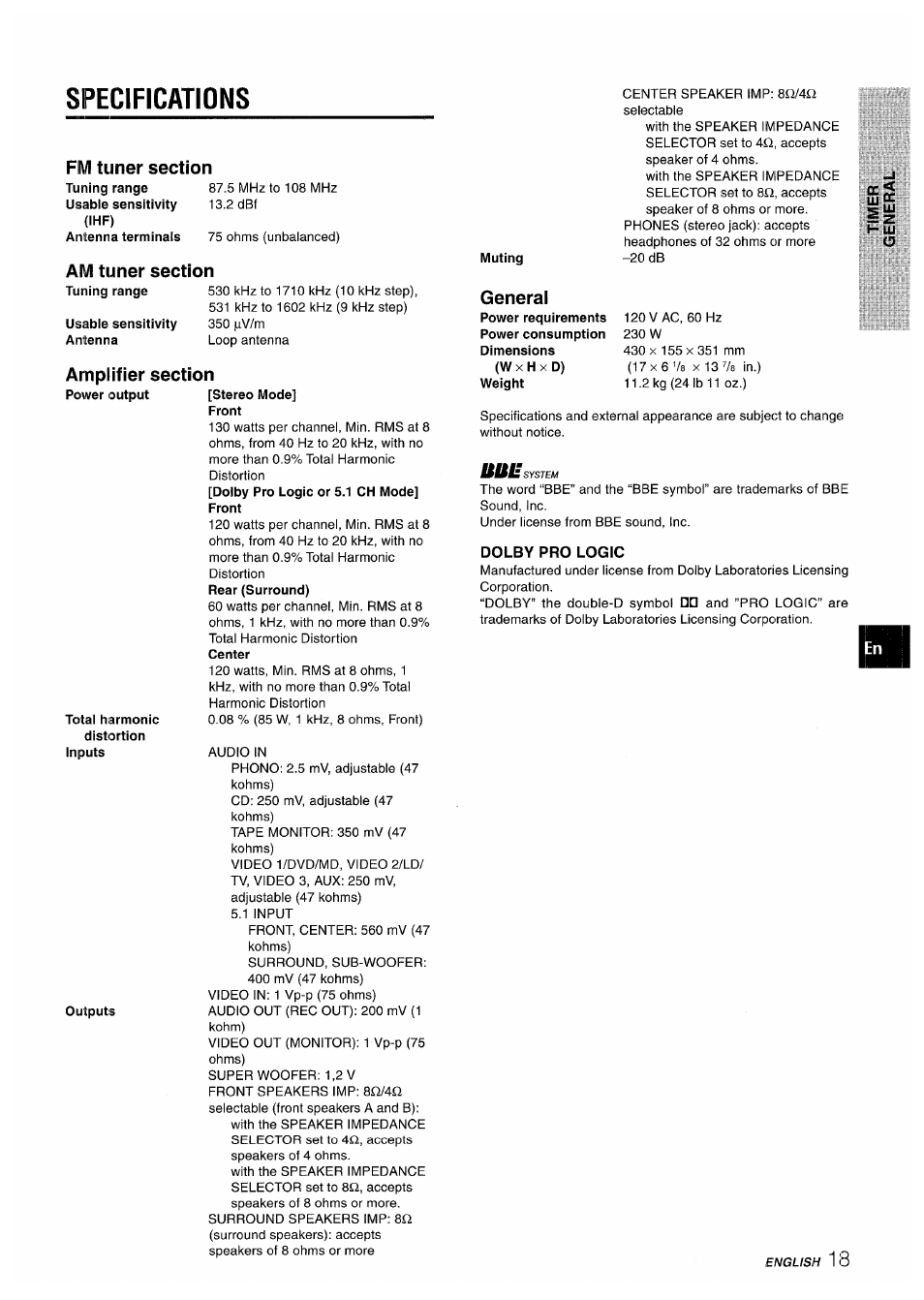 Specifications, Fm tuner section, Aivi tuner section | Usable sensitivity antenna, Amplifier section, Outputs, Front, General, Dolby pro logic | Aiwa AV-D50 User Manual | Page 19 / 68